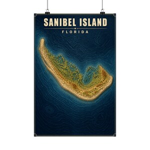 May include: A vertical wall poster featuring a topographic map of Sanibel Island, Florida. The island is rendered in shades of tan and green, surrounded by deep blue bathymetric ocean contours. The text SANIBEL ISLAND FLORIDA is printed in cream.