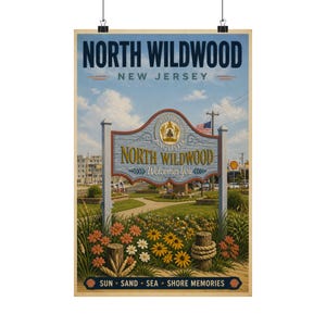 North Wildwood NJ Vintage Travel Poster | Jersey Shore Coastal Wall Art image 1