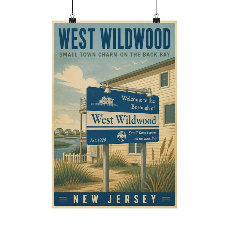 West Wildwood NJ Poster | Vintage Back Bay Coastal Print | Jersey Shore Town Sign Artwork image 1