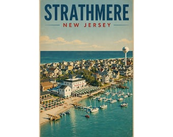 Strathmere NJ Vintage Travel Poster | Jersey Shore Marina Artwork, Nautical Decor