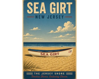 Stampa della scialuppa di salvataggio di Sea Girt, NJ Beach / Arte costiera vintage del Jersey Shore