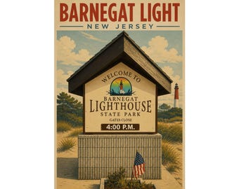 Poster di viaggio vintage del faro di Barnegat, NJ / Decorazione murale costiera di Long Beach Island