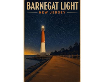 Poster del faro di Barnegat, NJ / Quadro vintage con faro e cielo notturno