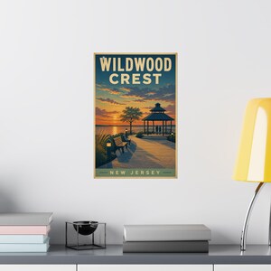 Lámina con la imagen de una puesta de sol en el cenador de Wildwood Crest / Arte mural costero vintage de Jersey Shore imagen 3
