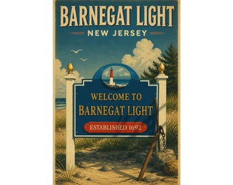 Poster di viaggio vintage del faro di Barnegat, NJ / Faro iconico, decorazione murale della costa del Jersey