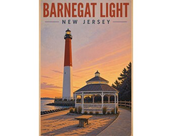 Stampa del tramonto del faro di Barnegat Light, NJ / Quadro da parete con paesaggio costiero di Long Beach Island