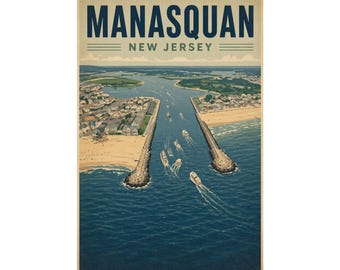 Stampa aerea di Manasquan Inlet / Quadro vintage con immagini di barche sulla costa del New Jersey