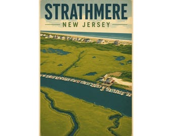 Strathmere NJ Vintage Travel Poster | Jersey Shore Marina, Marshland Wall Art