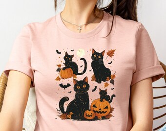 Black Cat Pumpkin Halloween T-Shirt, Spooky Season Tee, Fall Comfort Colors Top