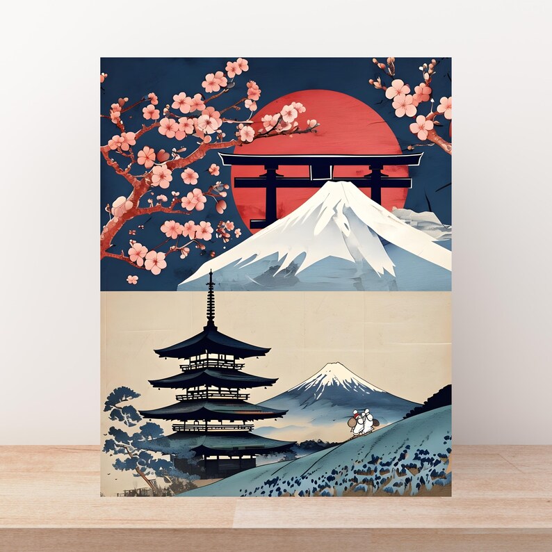 Japanese Wall Art – Mount Fuji Print – Cherry Blossom & Torii Gate ...