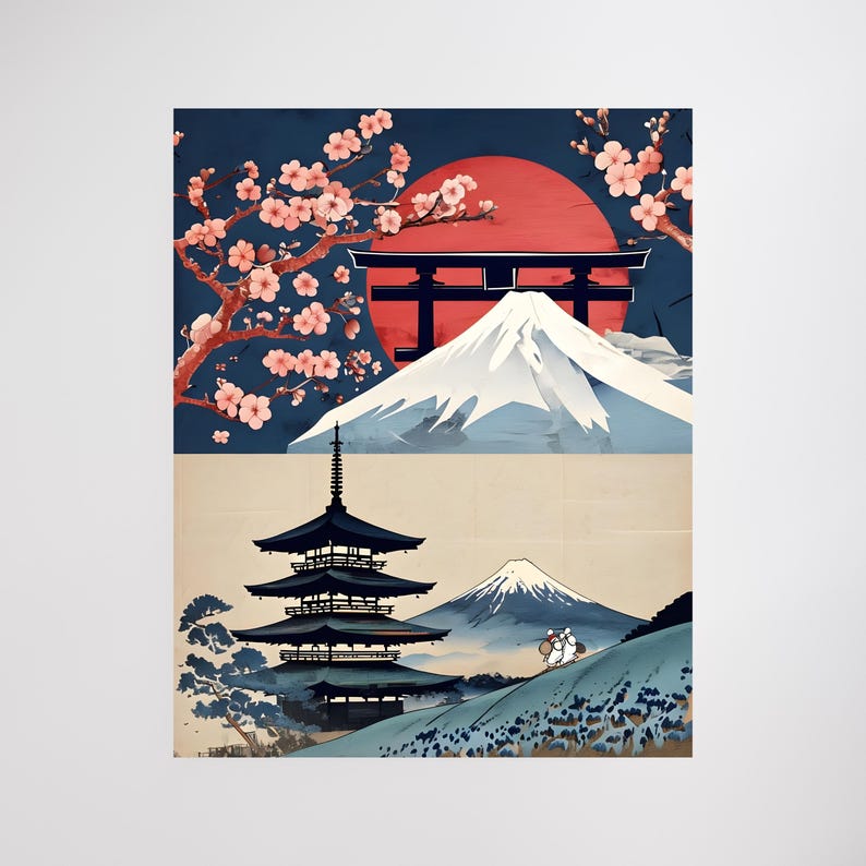 Japanese Wall Art – Mount Fuji Print – Cherry Blossom & Torii Gate ...
