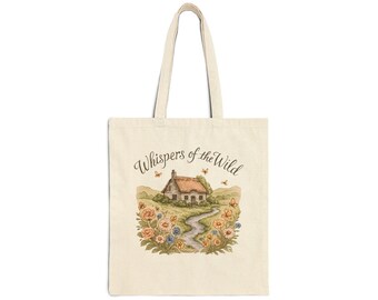 Puede incluir: Bolso tote de color crema con una ilustración de acuarela de una cabaña, flores y un camino sinuoso. El texto "Whispers of the Wild" está arqueado sobre la imagen. El bolso tiene un diseño sencillo con dos asas.