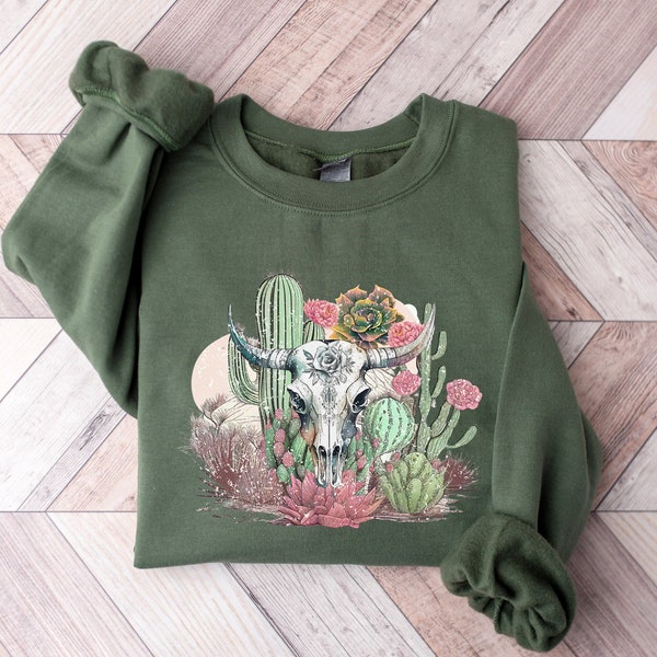 Cow Skull Desert Sun Cactus Shirt, Cow Skull Western Sweatshirt, Western Shirt , Boho Retro Desert Hoodie, Western Skull Shirt, 168