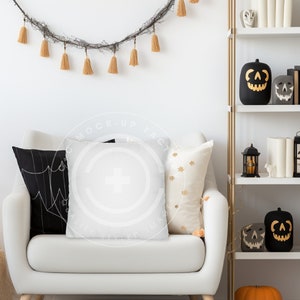 White Fall Halloween Square Pillow Mockup - Cute Artsy Contemporary Halloween Aesthetic