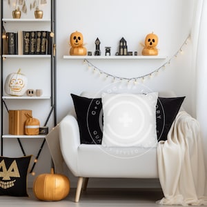 White Fall Halloween Square Pillow Mockup - Cute Artsy Contemporary Halloween Aesthetic