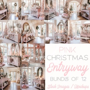 Pink Holiday Mockup Photo Bundle - Set of 12 Entryway Images Pink & White Christmas Holiday Decor, Mockup Bundle Sale, Pink Xmas Decor Mocks