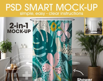 PSD Smart Shower Curtain + Bathmat Combo Mockup, Editable Photo - PSD Shower Curtain & Bathmat Mockup, Bathroom Mockups, Photoshop Editable