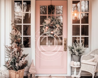 Pink Christmas Front Door Stock Photo Mockup Image - Pink & White