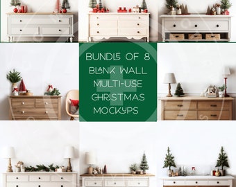 Weihnachtsleere Wand u.Kommode Mehrfachnutzungsmodell-Fotopaket mit 8 modernen Bauernhaus-frische ästhetische, Weihnachtswand-Kunst-Stockbildern eingestellt