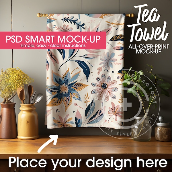 PSD Smart Tea Towel (AOP), All-Over Printing Tea Towel Mockup, Towel Mockup, Photoshop Tea Towels, AOP Mockups, Lifestyle, Towel Design