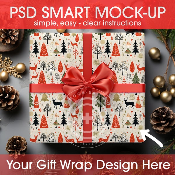 PSD Smart Gift Wrapping Paper, Christmas Gift Wrap, Wrapping Paper Mockup, Photoshop Gift Paper, Wrapped Gift Image, Add your design, Gifts