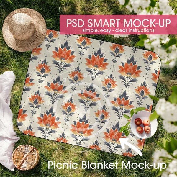 PSD Smart Picnic Blanket AOP Mockup, Editable Blanket Mockup, Picnic Mockup, AOP Blanket Mockup, Blanket Mockup, Printing Mockup, Blanket