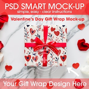 Valentine&#39;s Day PSD Smart Gift Wrapping Paper, Valentine&#39;s Gift Wrap, Wrapping Paper Mockup, Photoshop Gift Paper, Wrapped Gift Image, Art
