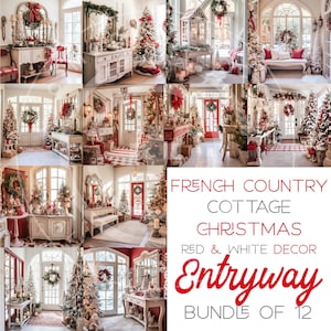Holiday Mockup Photo Bundle - Set of 12 Entryway Images Red & White French Country Christmas Cottage Holiday Decor, Mockup Bundle Sale