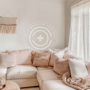 Living Room Mockup Blank Wall Art Photo - Soft Pink White Bohemian Aesthetic for Canvas Frames & Prints, Boho Living Room Wall Decor Mockup