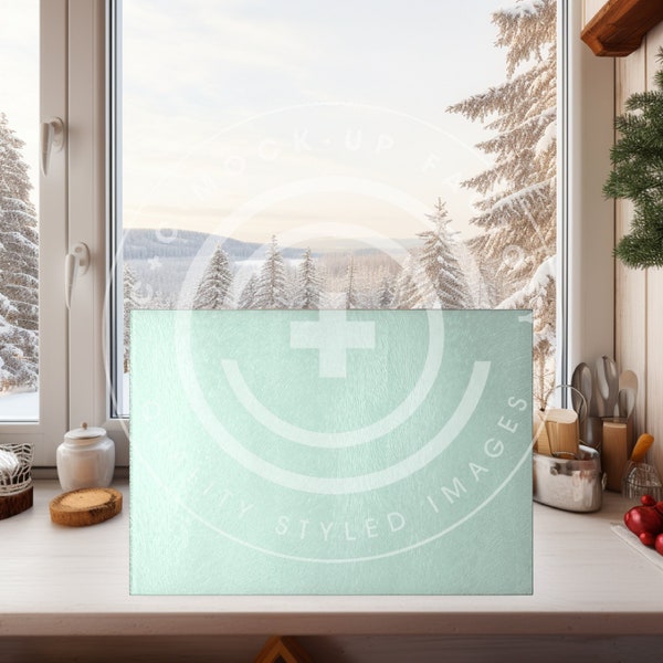 Tempered Glass Cutting Board Christmas Mockup Photo in Cozy Woodland Cottage Kitchen, Christmas Kitchen Mockups, Cutting Board Stock Image