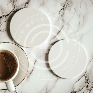 Round Ceramic 2 Coaster Mockup Photo with Cozy Coffee & Plant Boho Aesthetic , Coaster Mockups