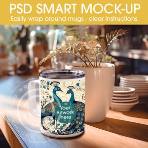 Insulated Mug Mockups for Etsy Sellers, Beautiful Mockup Images for Designers, Kitchen, Home, Modern Aesthetic, White Mugs, Photoshop Editing, Mockup files, Your Artwork Here, Sell your designs with Mockups, Etsy Sellers, Wrap Around Designs, Peacock