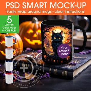 Halloween PSD Smart 11 Unzen schwarze Kaffeetasse Mockup, Herbst, bearbeitbares Foto Mockup, schwarze Tasse Mockup, Tasse Mockup, Photoshop, Farbakzent-Tassen