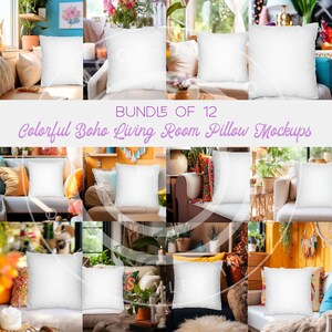 リビングルーム用クッション モックアップ フォト バンドル - クッション 12 個セット ボヘミアン インディ カラフル、モックアップ バンドル セール、リビングルーム用クッション モックアップ バンドル
