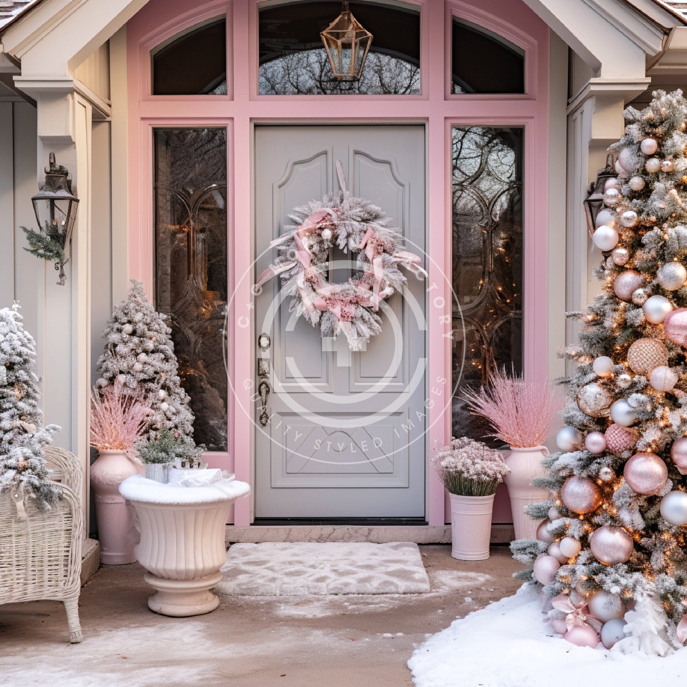 Pink Christmas Front Door Stock Photo Mockup Image - Pink & White