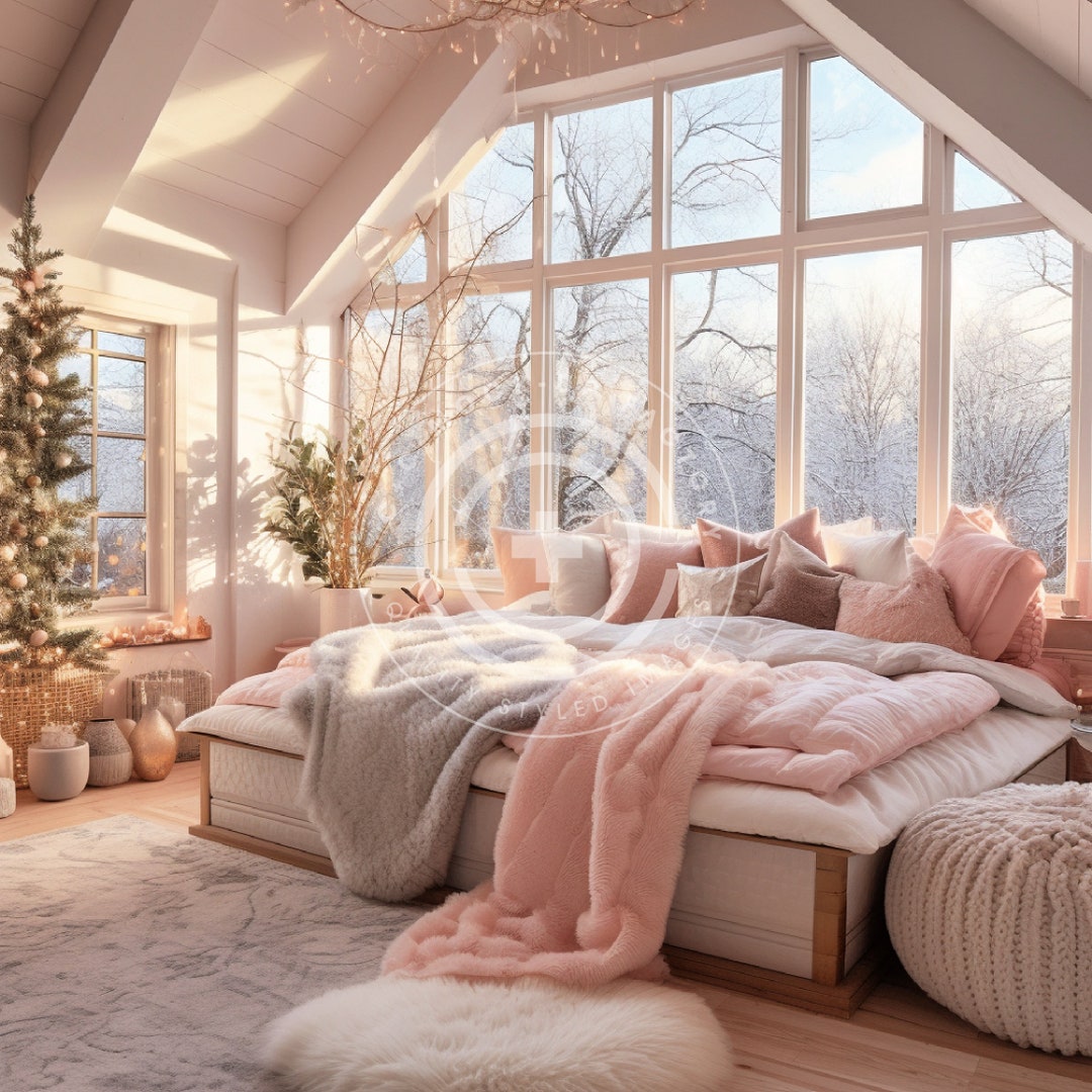Pink Christmas Bedroom Stock Image/mockup - Cozy Pastel Holiday ...