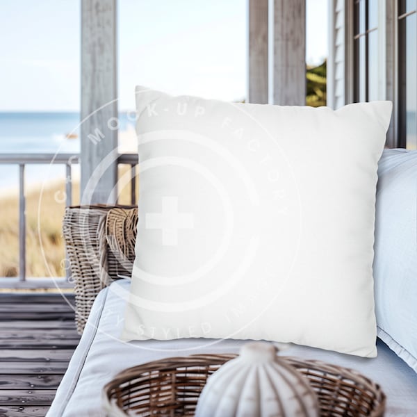 Throw Pillow Mockup Summer Outdoor Coastal Beach House, Coastal Front Porch Outdoor Throw Pillow Mockups, Outdoor Pillow Mockup Photos