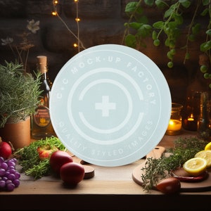 Round Cutting Board Mockup Photo - Tempered Glass Circle with Warm Rustic Cottage Kitchen Aesthetic, Modern Rustic Kitchen Mockup