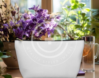 Accessory Pouch T Bottom Mockup Photo - Large, MWW Zipper Pouch Mockup, Makeup Bag Mockup, Pretty Purple Floral Aesthetic, Black Zipper