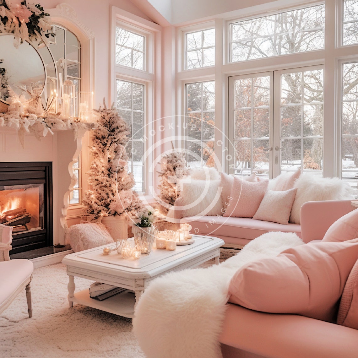 Pink Christmas Living Room Stock Image/mockup Pastel Pink - Etsy