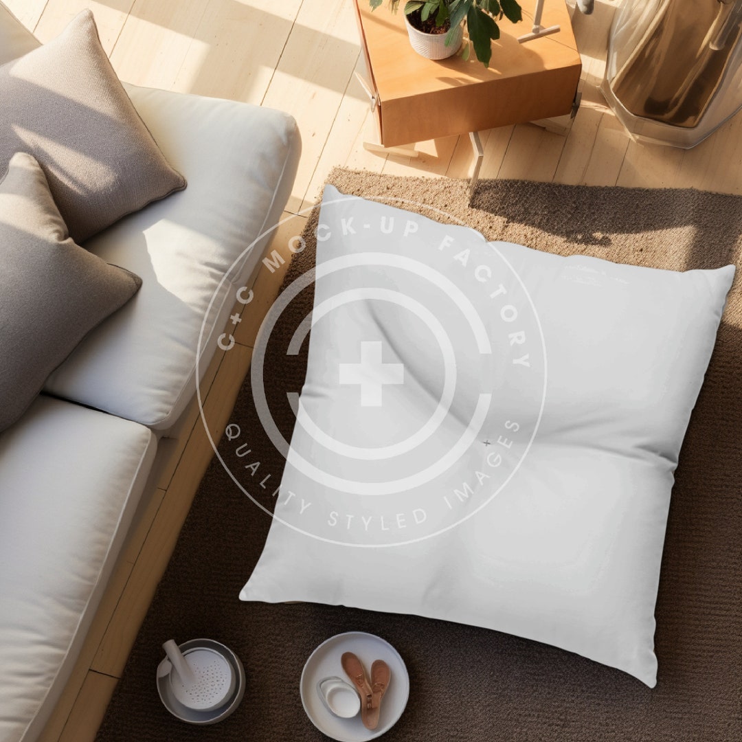 Square Floor Pillow Boho Mockup Photo in Cozy Coastal Boho Room, Boho
