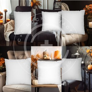 White Fall Halloween Throw Pillow Mockup Bundle with Orange Floral Pumpkin Detail - Halloween Throw Pillow Cover Mock Ups Set of 6