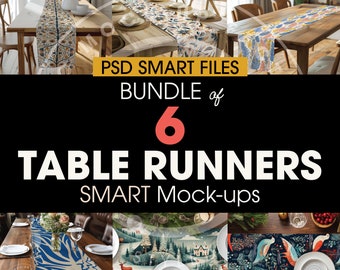 Table Runner Mockup BUNDLE of 6, Editable PSD Smart Photo Mockup, AOP Table Runner on Cottagecore Mockups, Photoshop Edit, Photoshop, Table