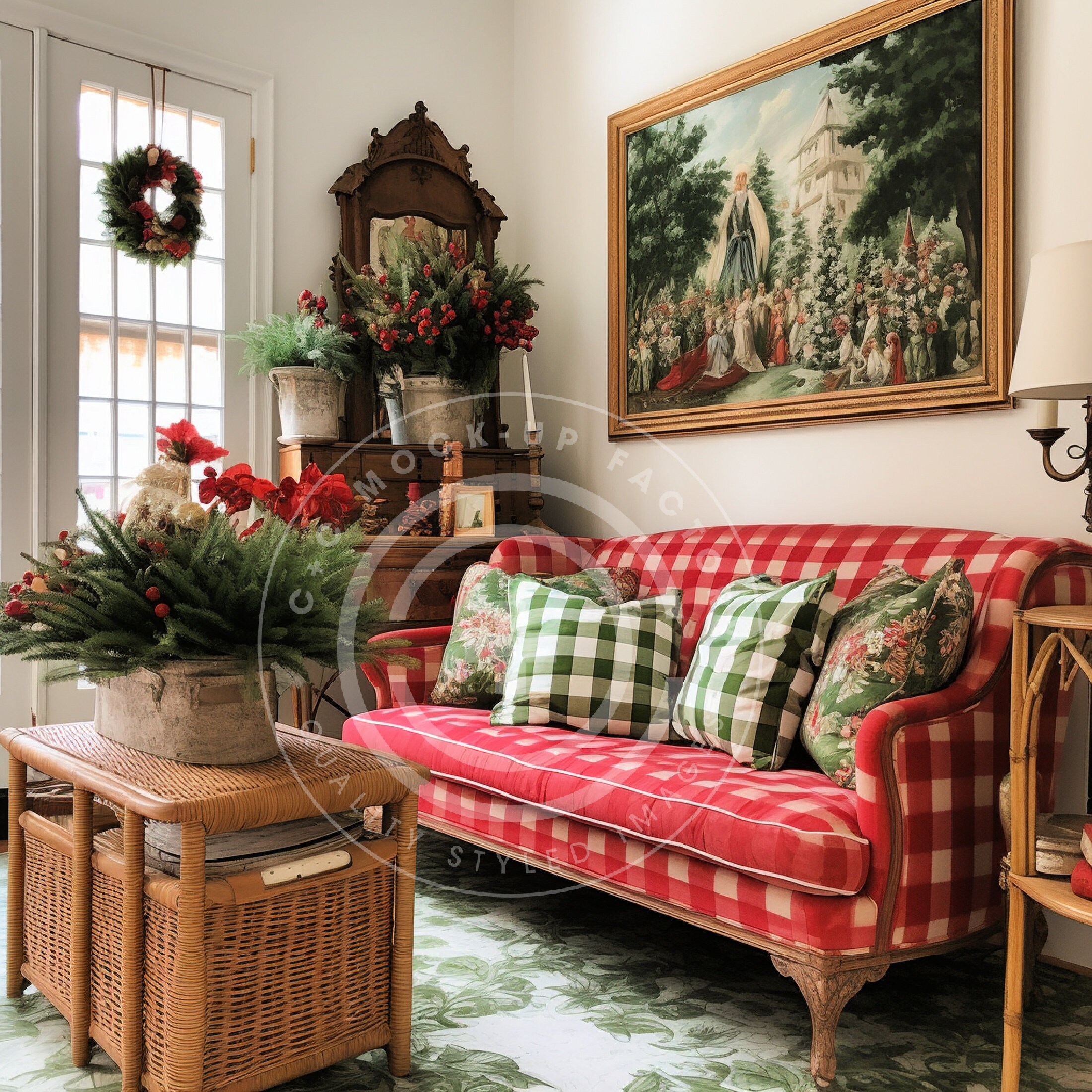 Christmas Living Room Stock Photo Mockup Image - French Country Christmas Cottage Aesthetic, Holiday Decor Mockup, Holiday Living Room Image