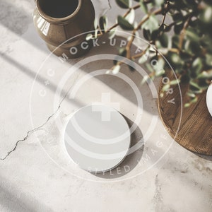 3.5 inch Round Ceramic Coaster Mockup Photo with Pretty Contemporary Boho Aesthetic, Coaster Mockups