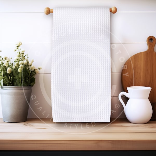 Maquette de serviette gaufrée, maquette de conception de serviette gaufrée, maquette pour serviette, maquette de serviette de cuisine, ajoutez votre motif à une serviette vierge dans la cuisine.