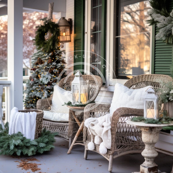 Christmas Front Porch Stock Photo Mockup Image - French Country Christmas Cottage Aesthetic, Holiday Decor Mockup, Holiday Porch Images