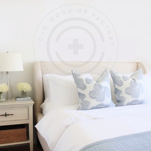 Bedroom Mockup Blank Wall Art Photo - Stylish Coastal Beach House Aesthetic for Canvas Frames and Poster Prints, Bedroom Wall Decor Mockup