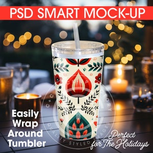 Holiday PSD Plastic Tumbler with Straw Mockup, Editable Photo Mockup, 20oz Tumbler for Christmas,  Tumbler Template for Christmas Mockup