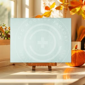 Op de afbeelding: Een lichtblauw canvas met de tekst "C+C Mock Up Factory Quality Styled Images" erop gedrukt. Het canvas staat op een houten ezel en staat op een wit oppervlak naast een kleine oranje pompoen.